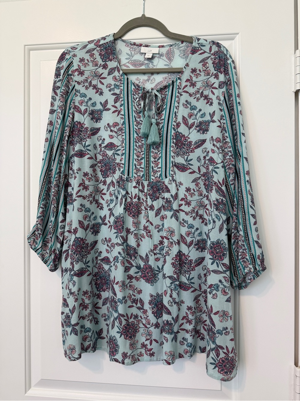 J. Jill Tassel Tunic Top 3/4 Sleeves Blue Teal Rose Pink Floral Excellent Medium